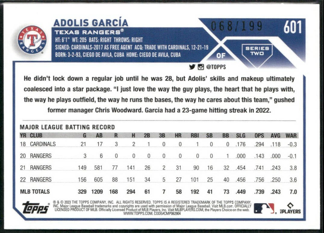 2023 Topps Series 2 Red Foil /199 Adolis Garcia #601 Texas Rangers