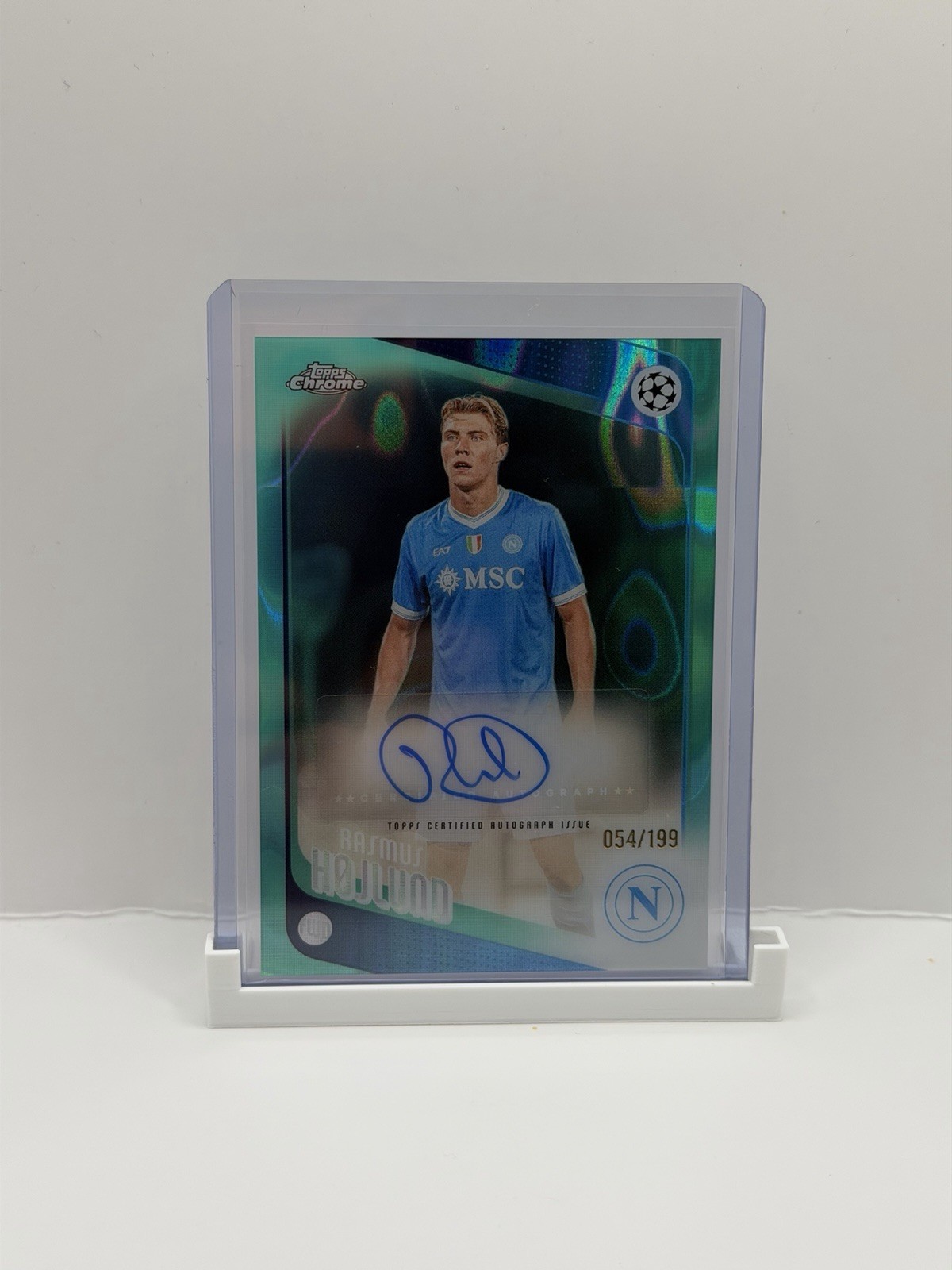 2025/26 Topps Chrome UCC Rasmus Hojlund CA-RH Aqua /199 Auto Napoli Denmark