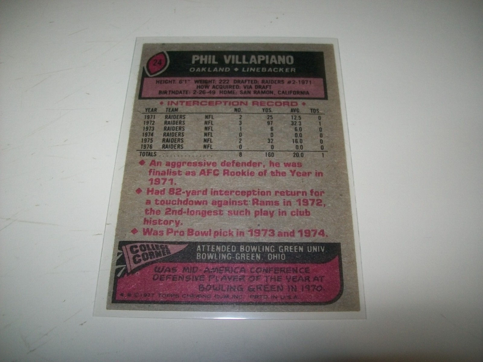 1977 TOPPS PHIL VILLAPIANO AUTOGRAPH SIGNED AUTO #24 OAKLAND RAIDERS