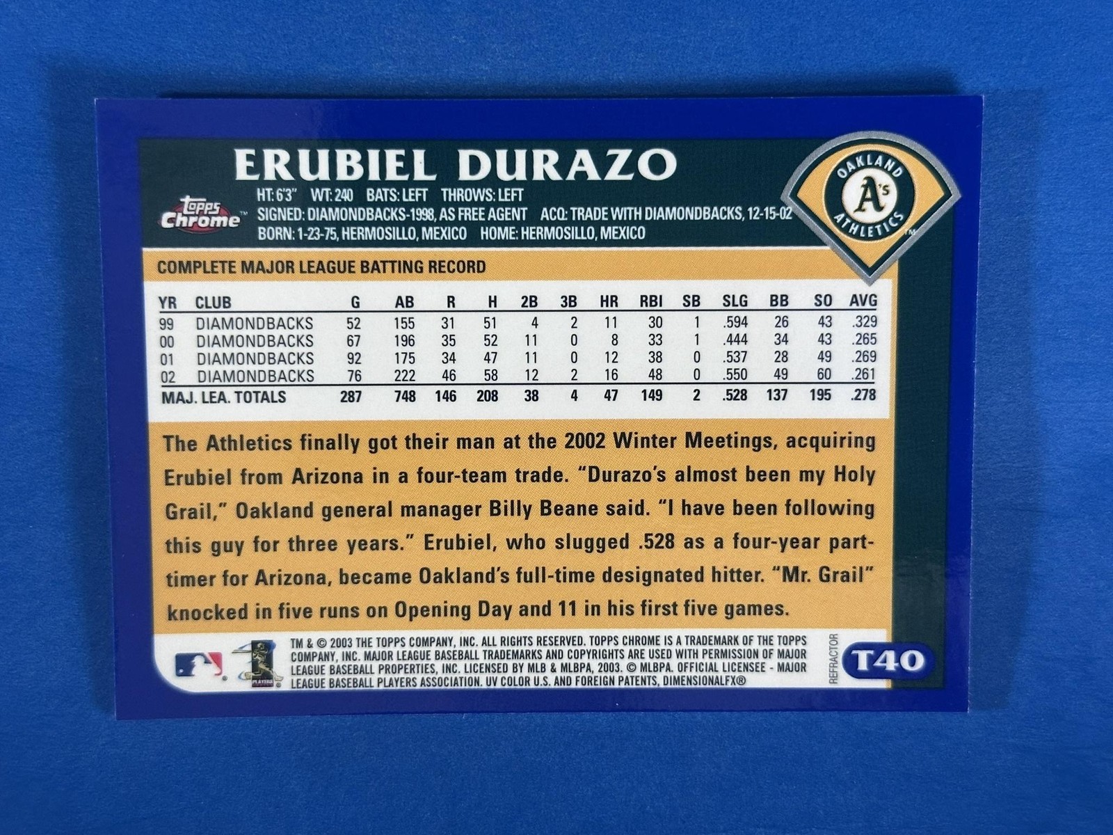 2003 Topps Traded & Rookies Chrome Refractors #T40 Erubiel Durazo Athletics
