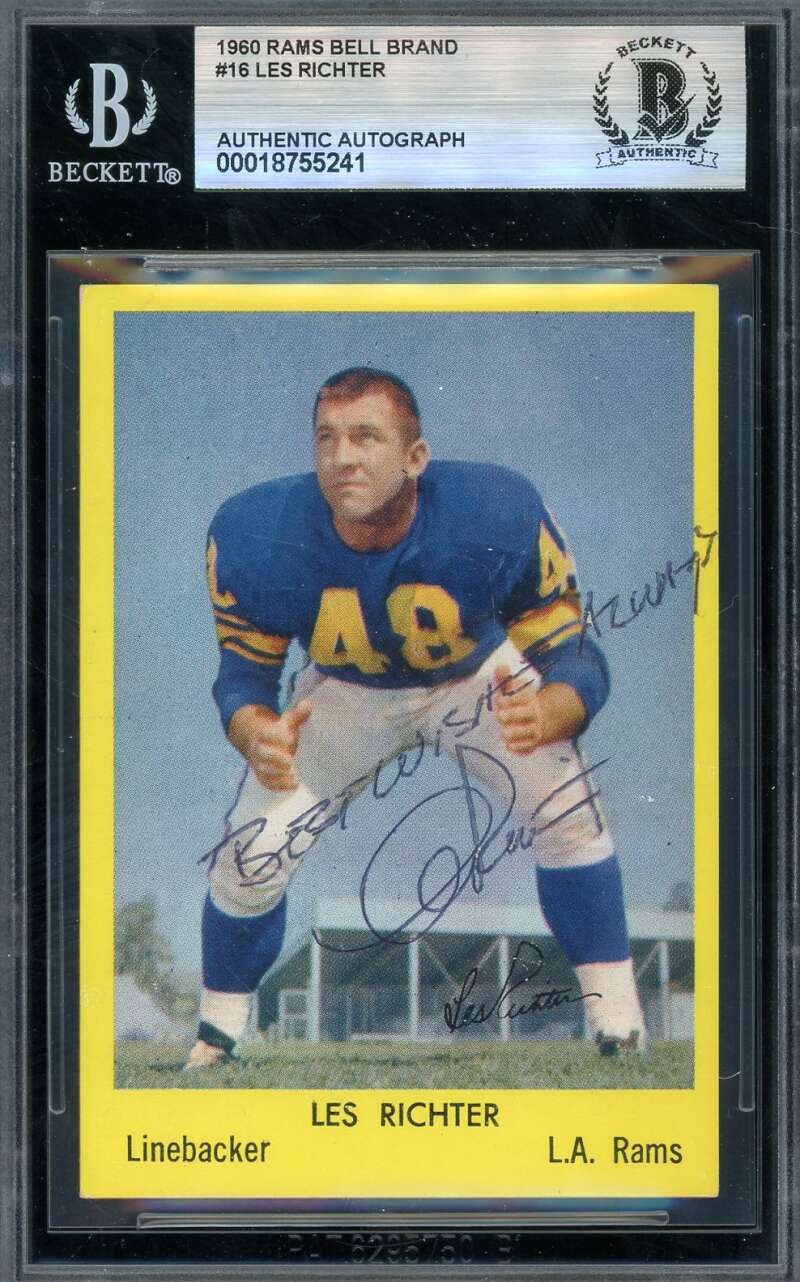 Les Richter Beckett BAS Signed 1960 Rams Bell Brand Autograph