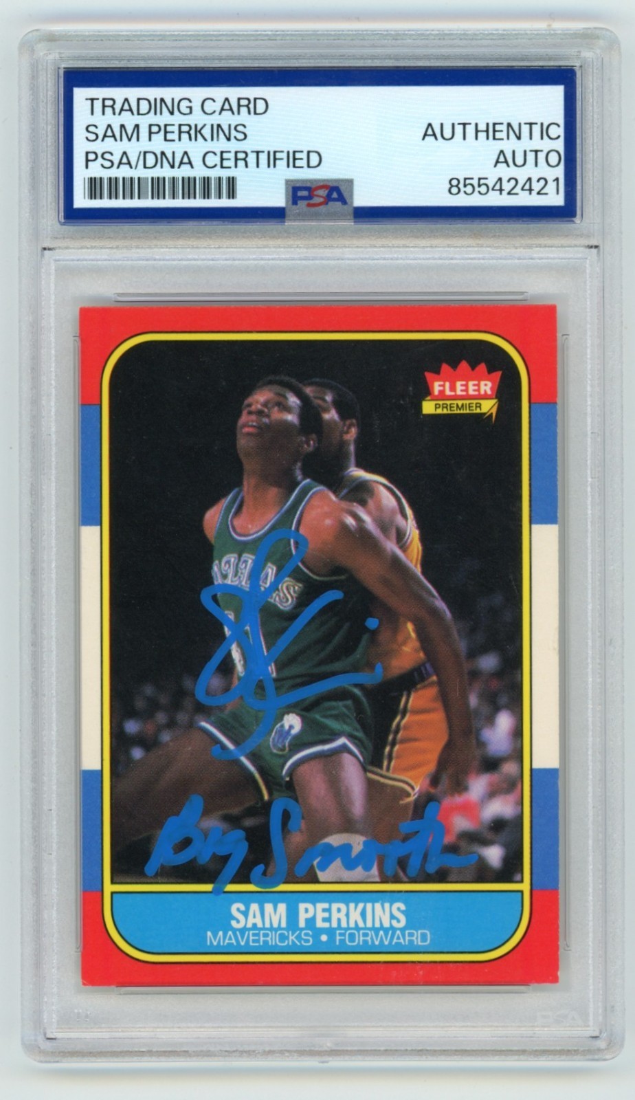 Sam Perkins 1986-87 Fleer #86 Rookie RC Signed w/ Big Smooth Insc. PSA Auto