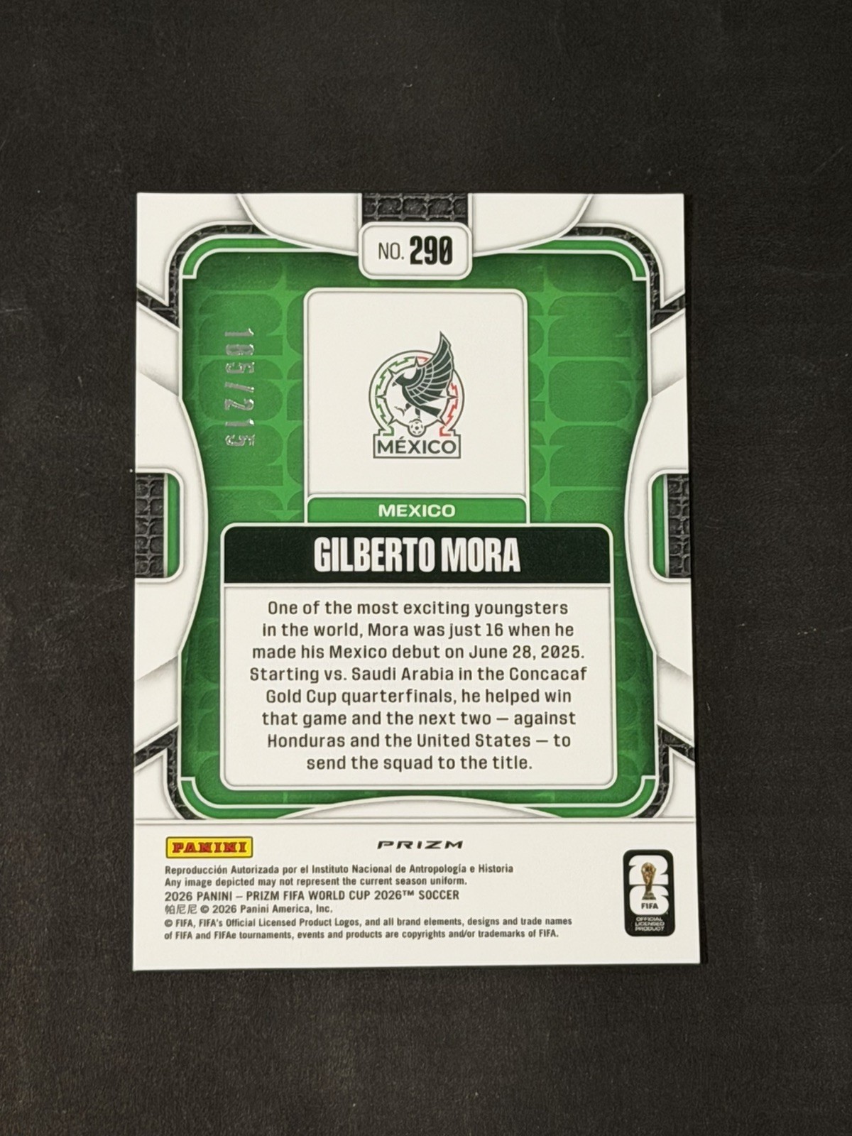 2026 Panini Prizm World Cup Gilberto Mora #290 RC Rookie Orange Pandora /215