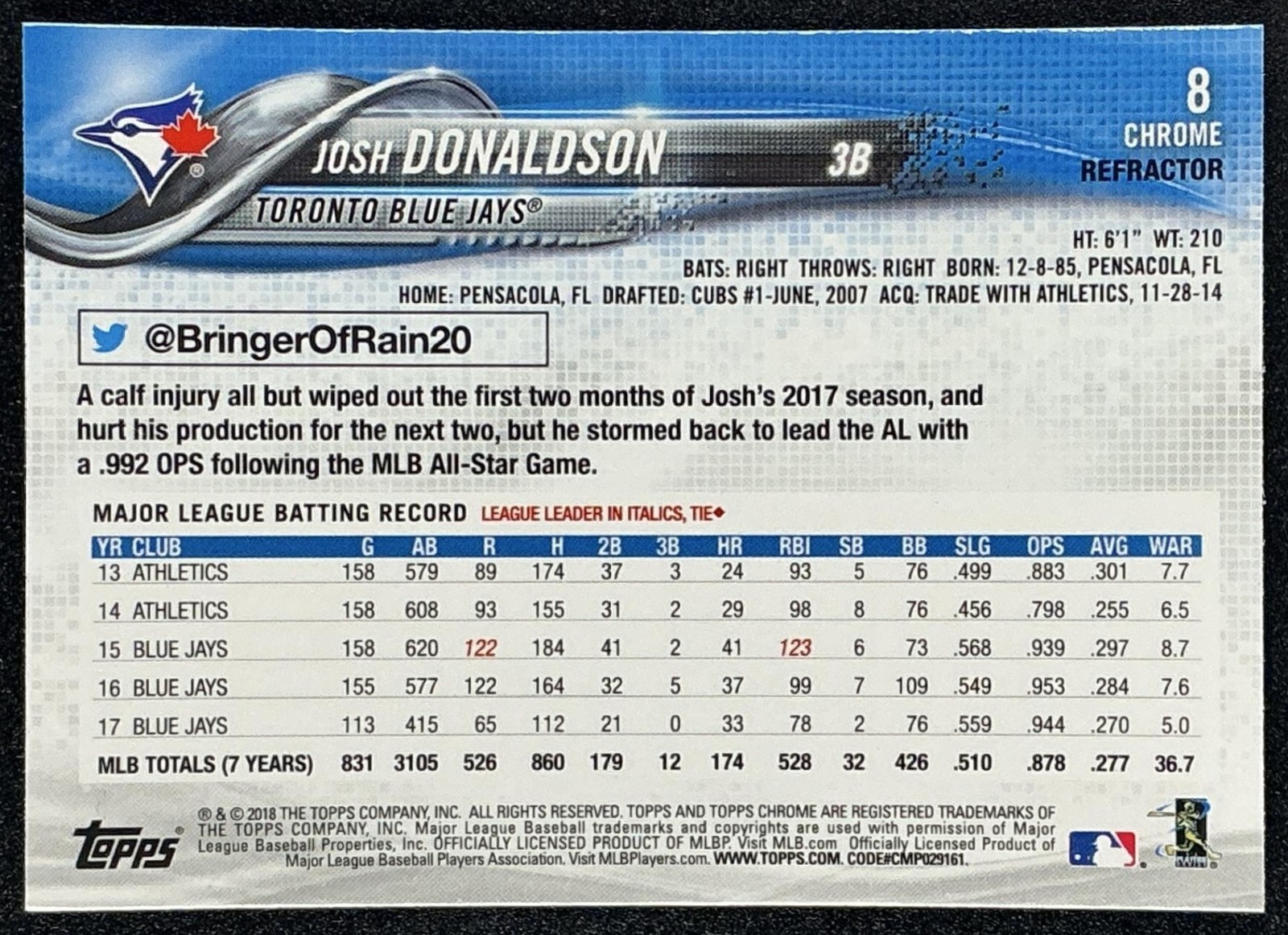 JOSH DONALDSON 2018 TOPPS CHROME #8 SEPIA REFRACTOR BLUE JAYS