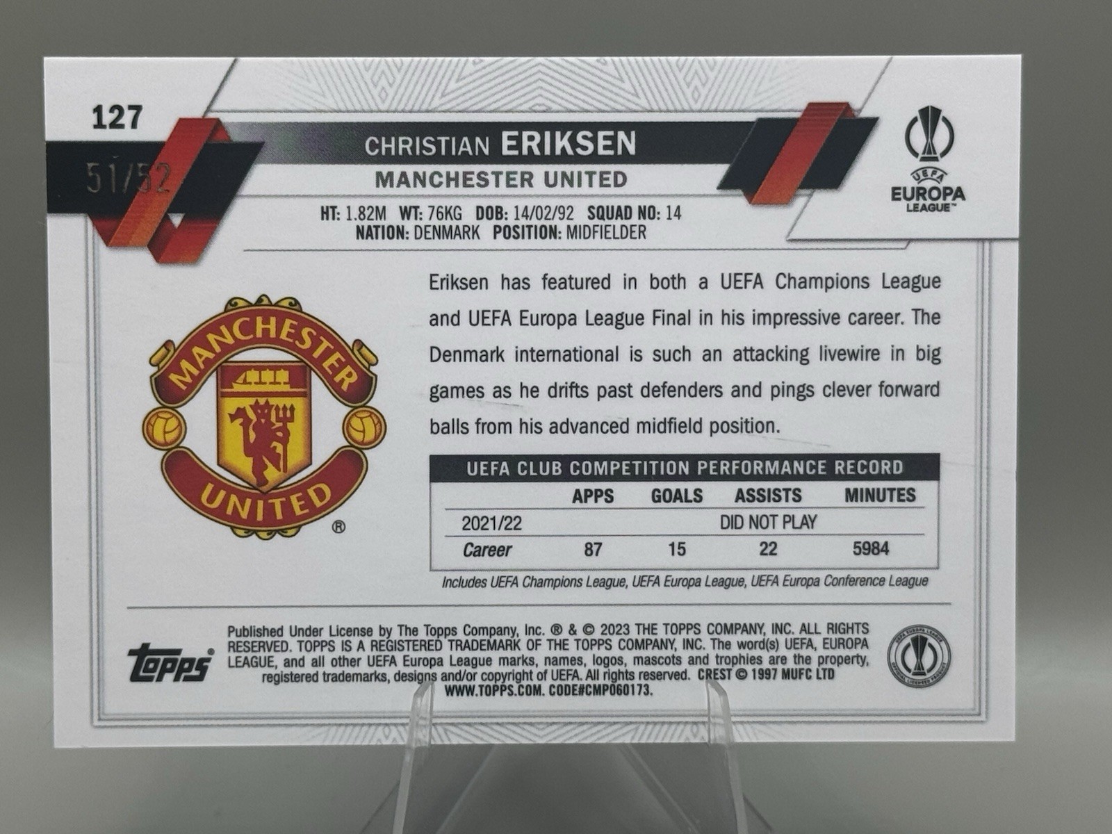Christian Eriksen 2022-23 Topps Chrome UCL Toppsfractor /52 Denmark