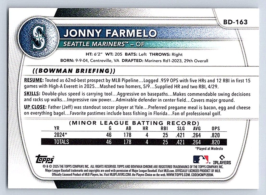 JONNY FARMELO MARINERS 2025 BOWMAN DRAFT #BD-163