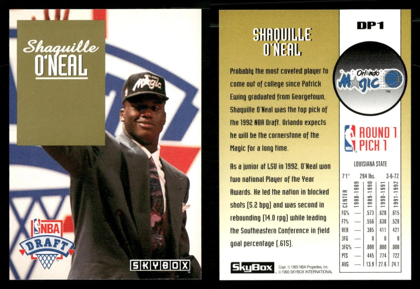 Shaquille O’Neal Rookie 1992-93 SkyBox #DP1 Orlando Magic NBA No. 1 Draft Pick