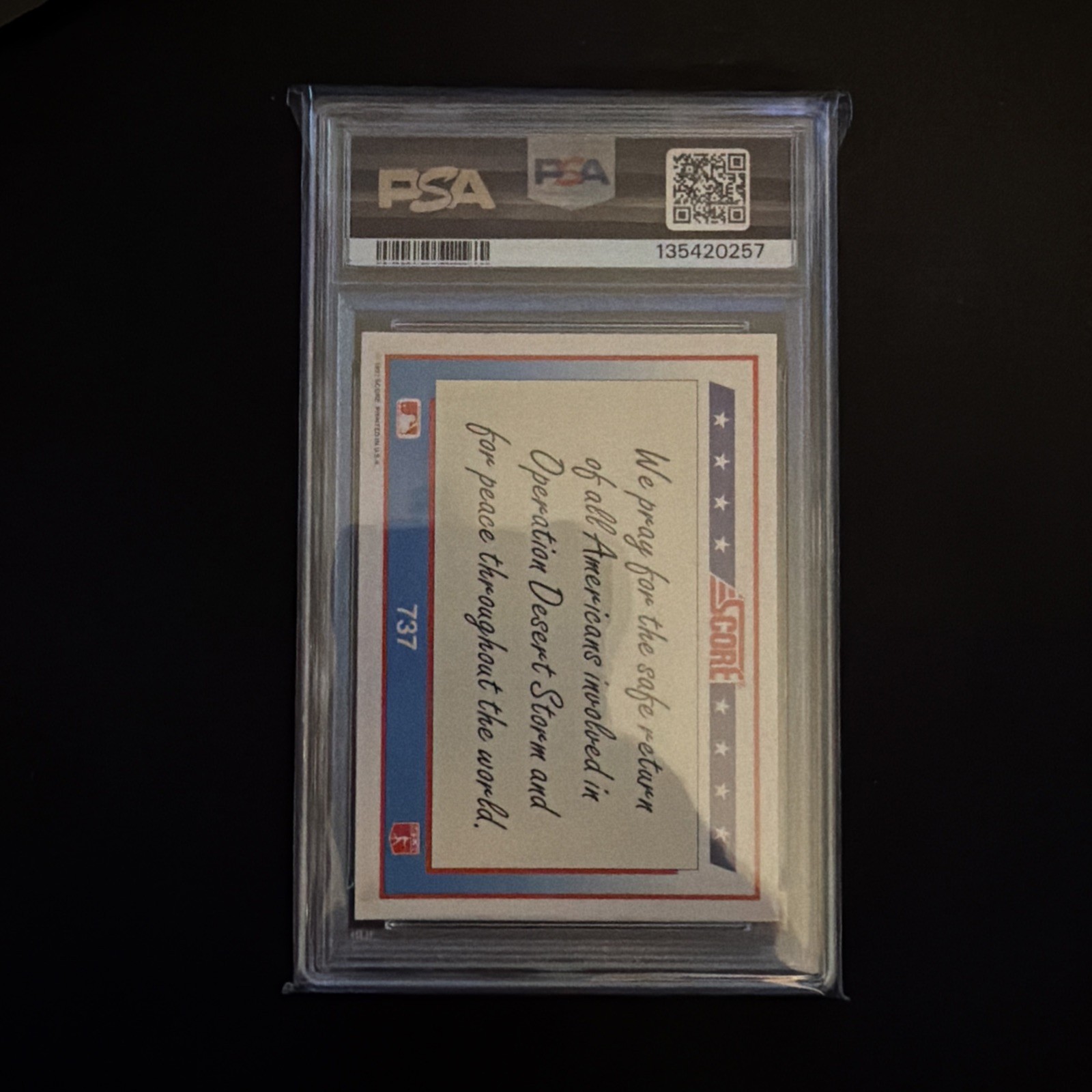 1991 SCORE AMERICAN FLAG #737 OPERATION DESERT STORM USA PRAYERS CARD PSA 9 MINT