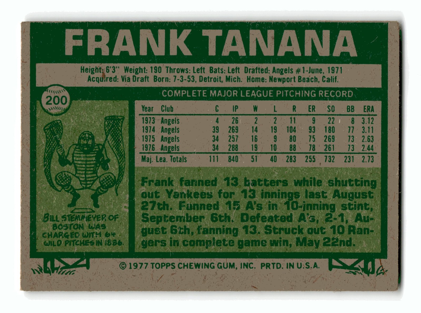 Frank Tanana 1977 Topps #200 California Angels VG