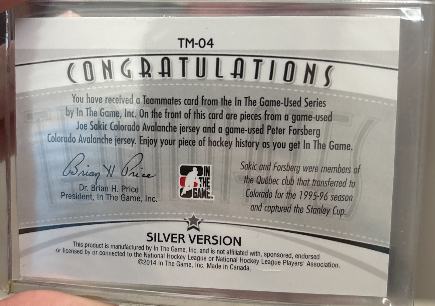 2013-14 In the Game-Used – Teammates Joe Sakic, Peter Forsberg #TM-04 Silver…