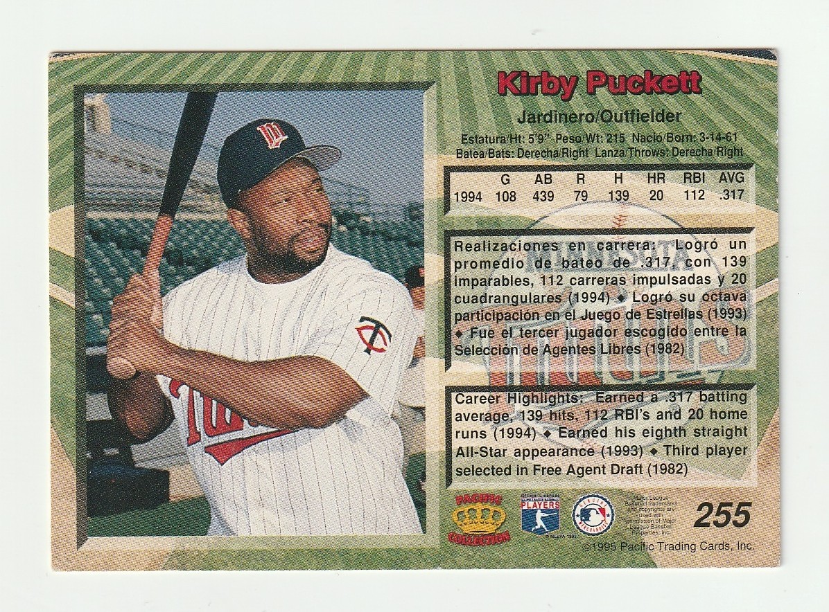 1995 Pacific Crown Collection #255 Kirby Puckett card, Minnesota Twins HOF