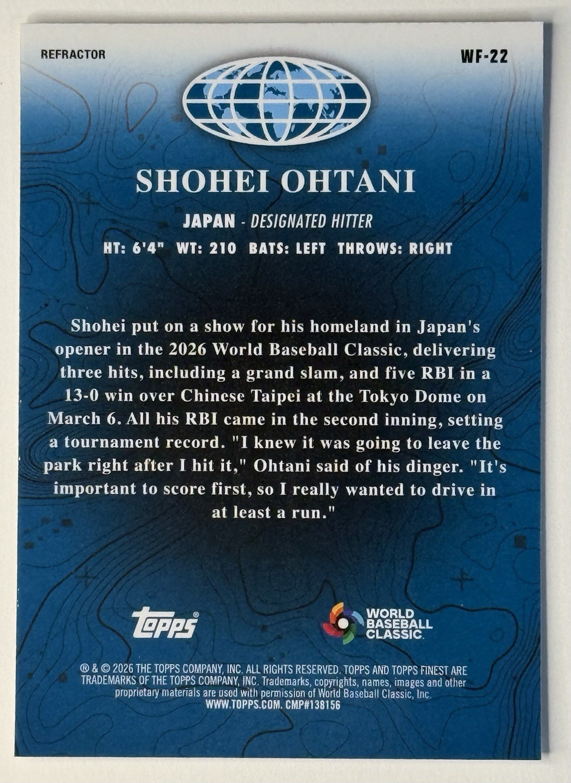 Topps 2026 Finest WBC Shohei Ohtani World’s Finest Refractor WF-22