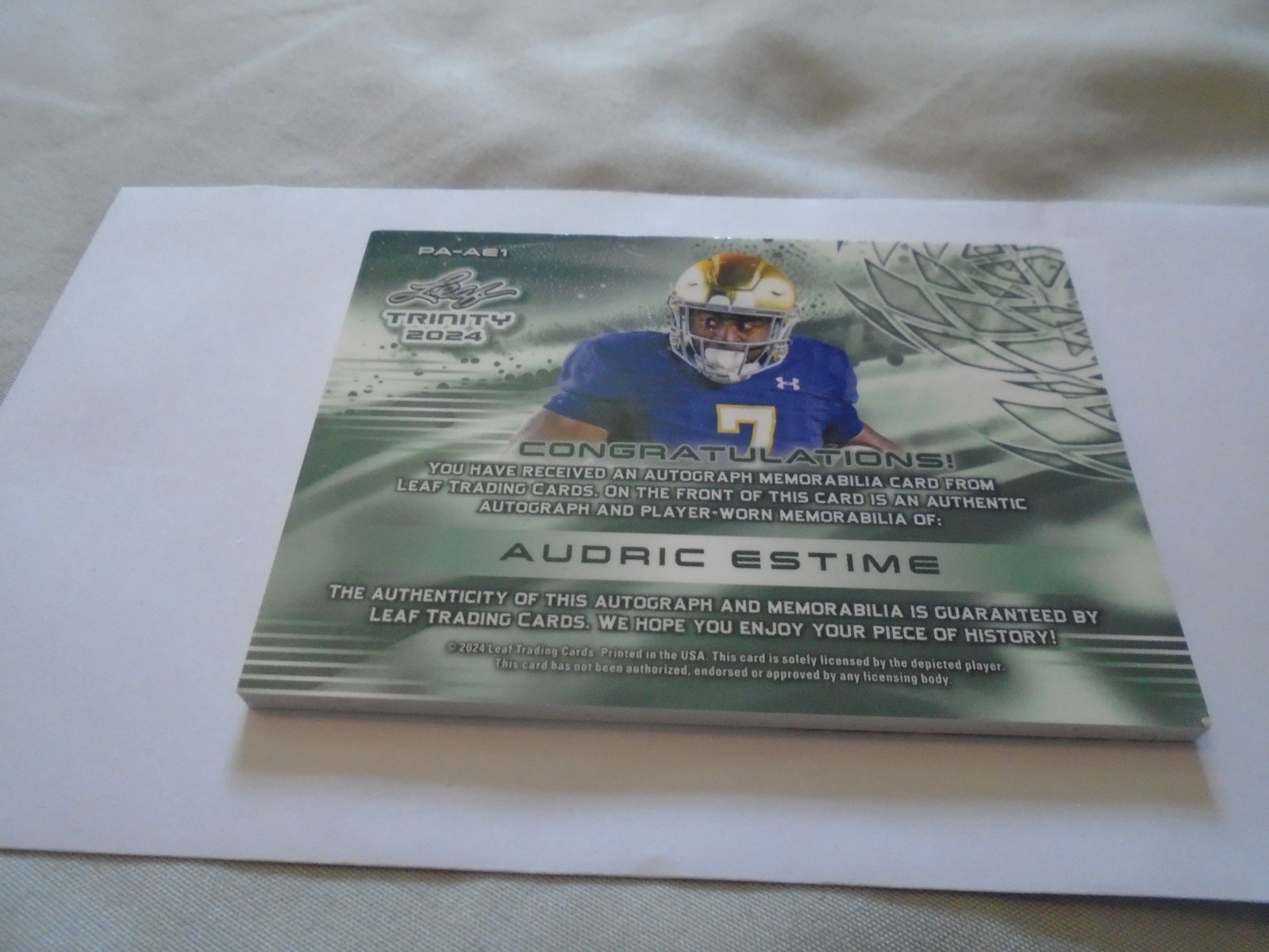 Audric Estime 2024 Leaf Trinity RC 3 Color Patch Auto #15/15 Notre Dame Star!