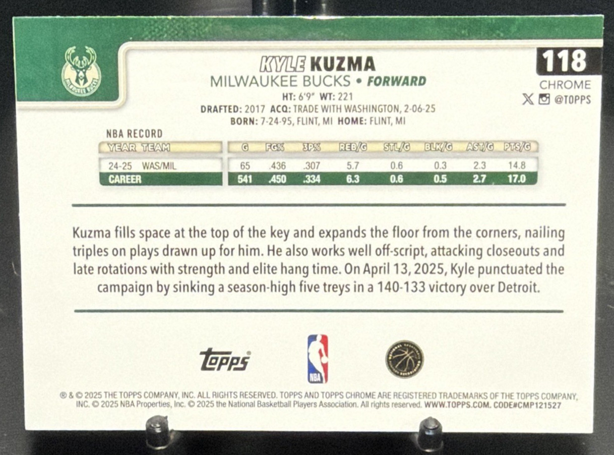 2025-26 Topps Chrome – Kyle Kuzma #118 Teal Refractor /299