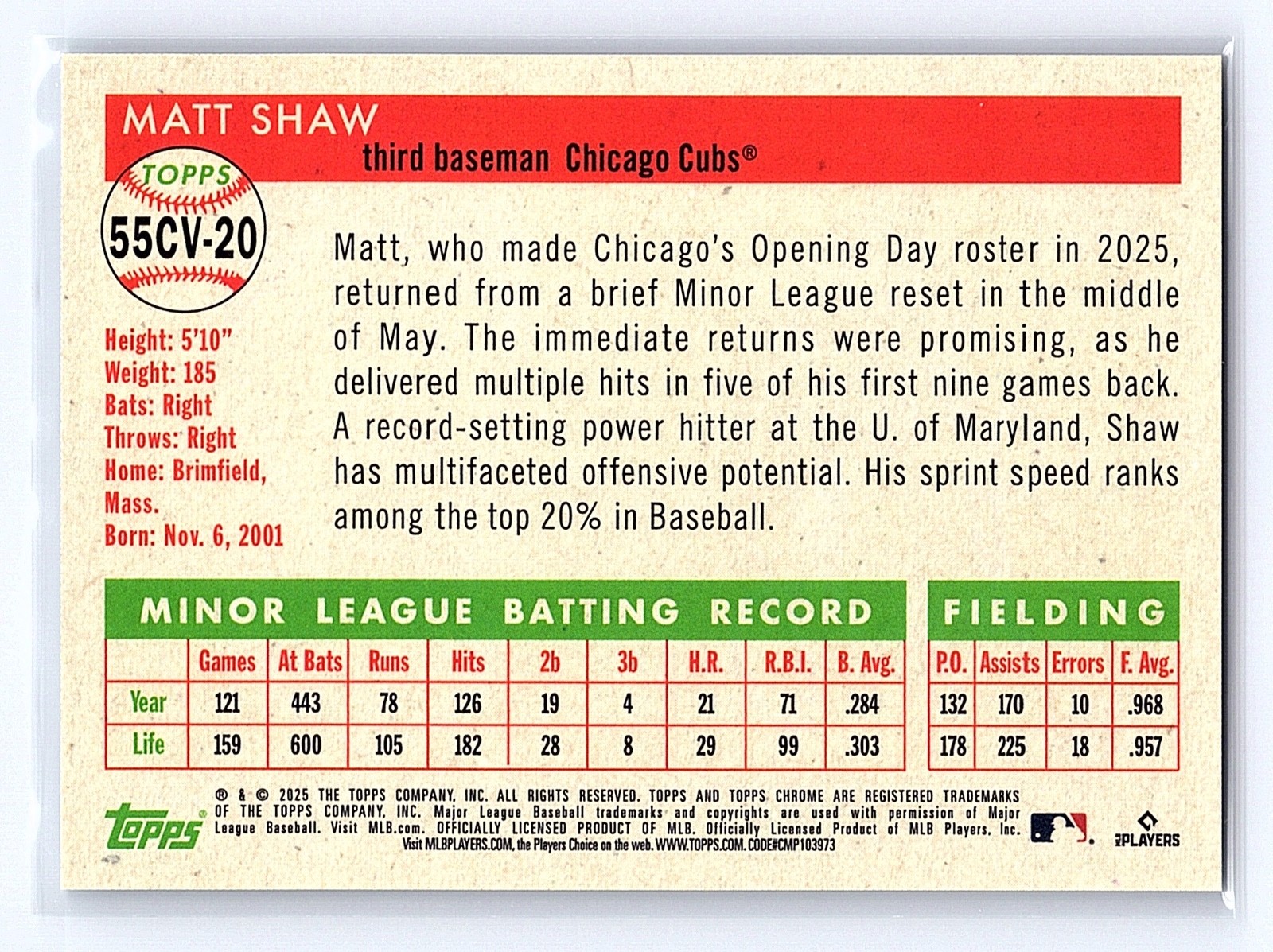 2025 Topps Platinum Anniversary Matt Shaw City Variation Rookie SP #55CV-20 Cubs