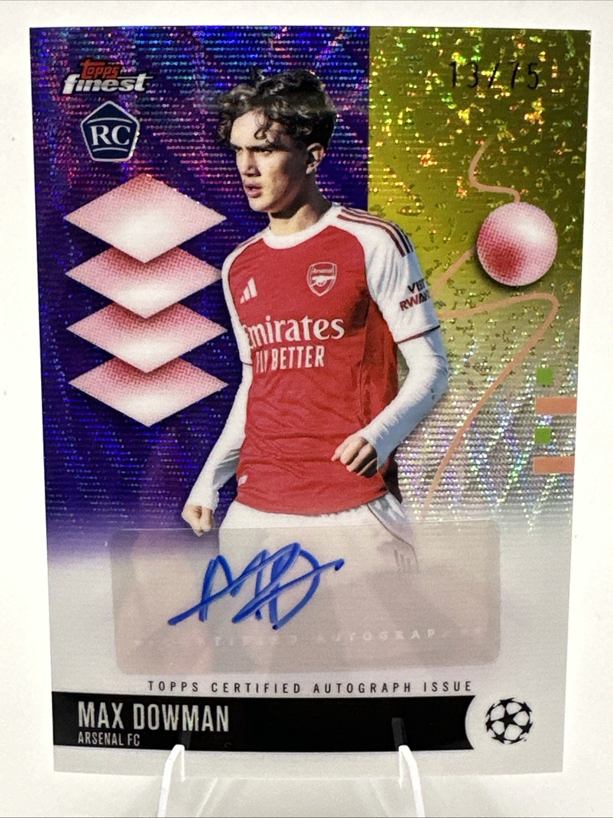 2026 TOPPS FINEST UEFA MAX DOWMAN PURPLE WAVE REFRACTOR AUTO RARE!! /75 Arsenal