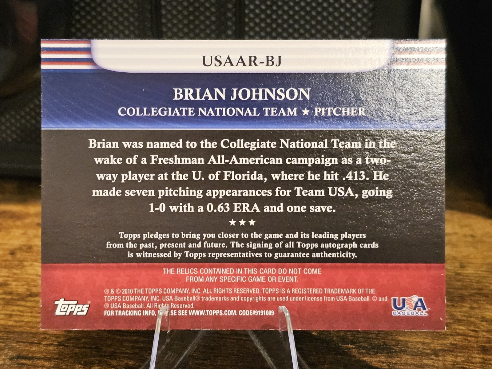2010 Topps USA Baseball Team Brian Johnson RC USAAR-BJ Game Worn Jersey Relic