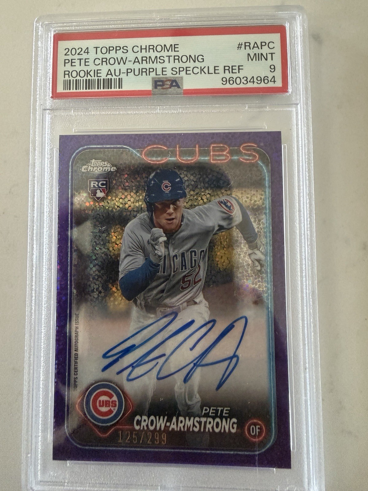 Topps 2024 Chrome Pete Crow-Armstrong RA-PC RC Auto Purple Speckle /299 PSA 9