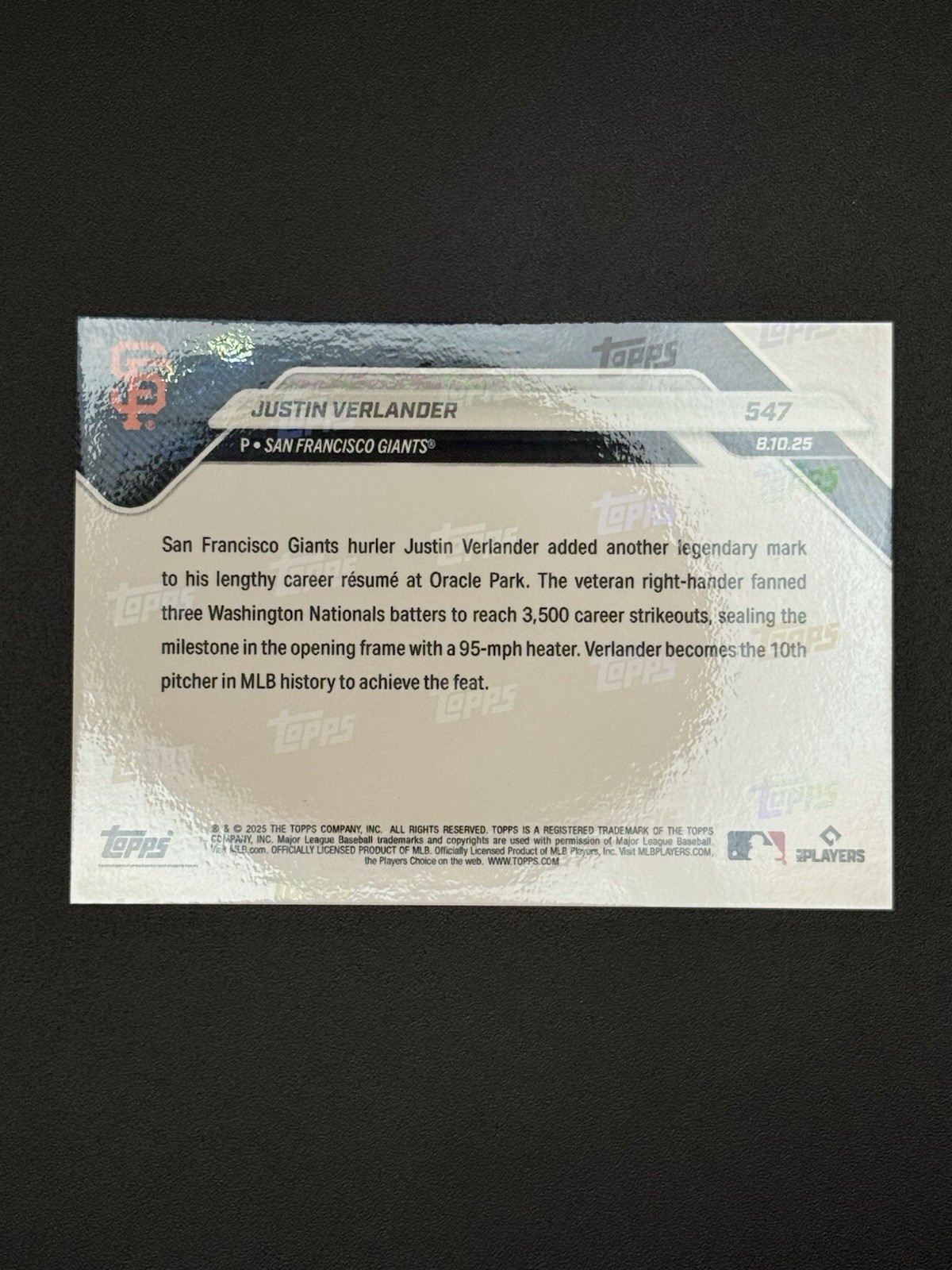 2025 Topps Now – Justin Verlander #547 3,500 K’s Giants – See Description