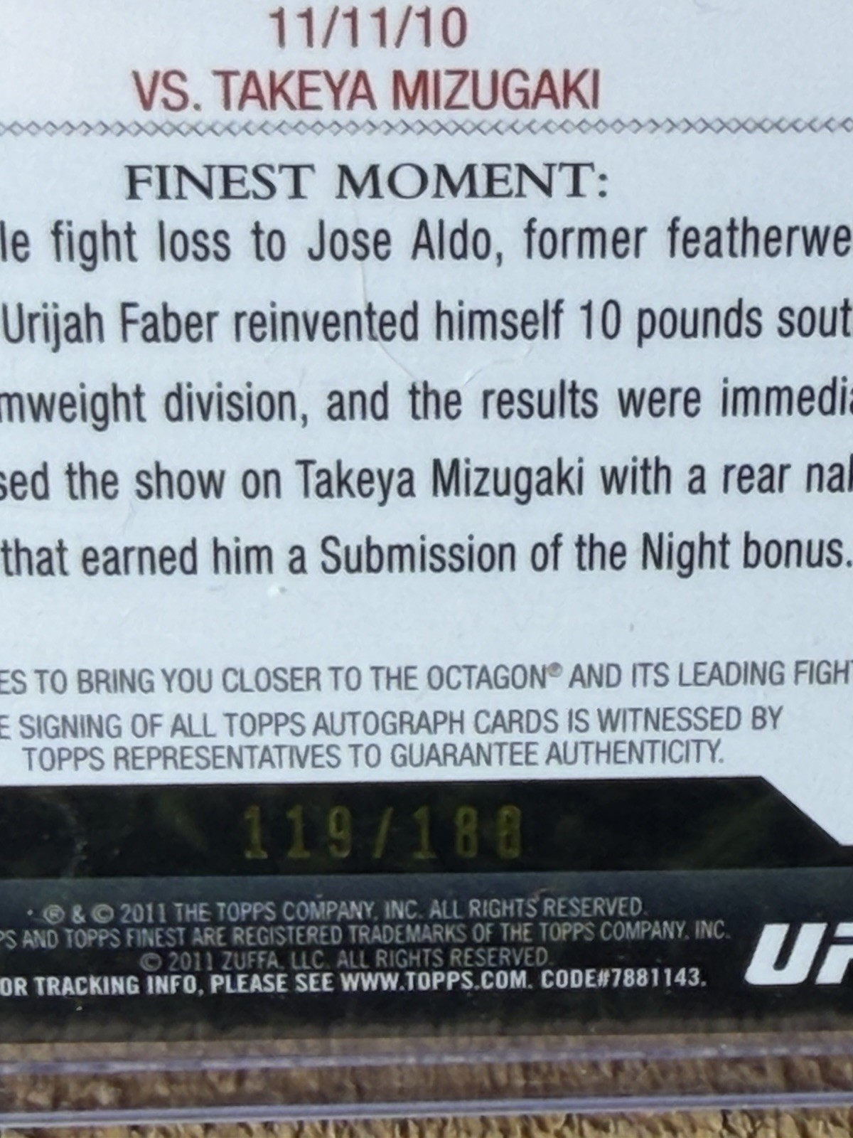 2011 Topps Finest UFC – Finest Moments Autographs Urijah Faber #FMA-UF 119/188