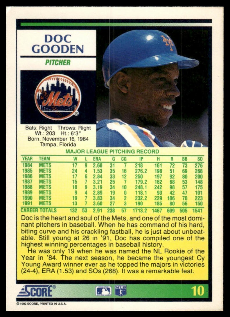 1990 Score #10 Dwight Gooden Mets