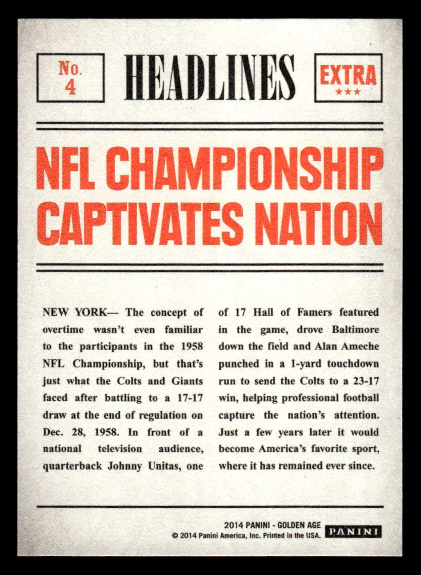 2014 Panini Golden Age #4 1958 NFL Championship Game Headlines card