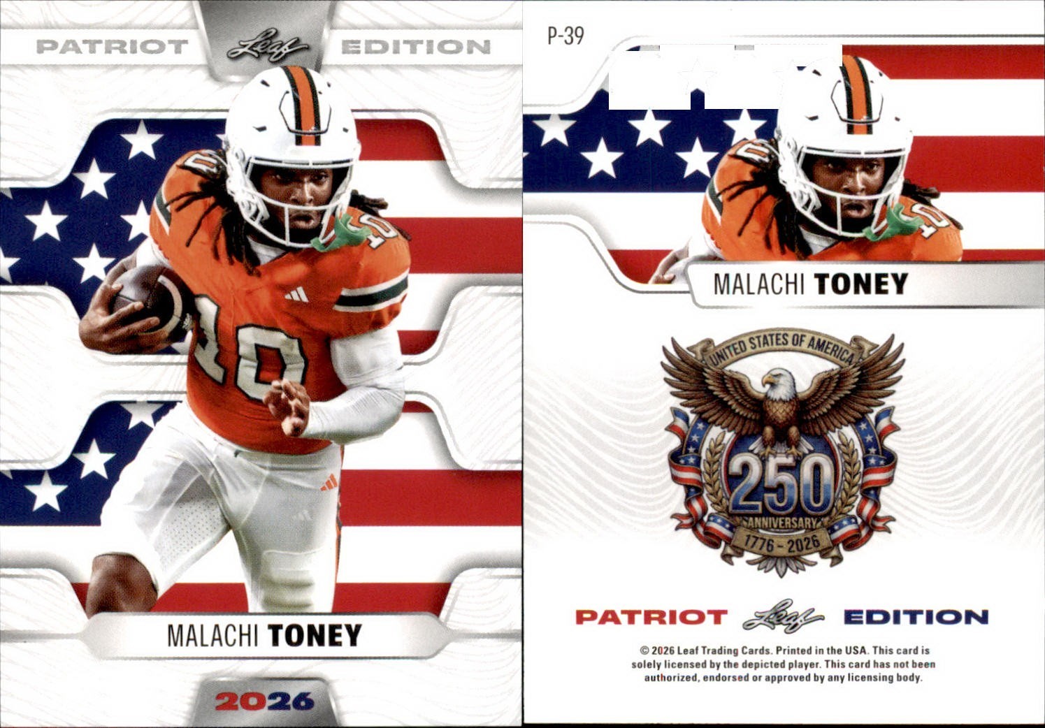 2026 LEAF 250TH ANNIVERSARY PATRIOT EDITION MALACHI TONEY P-39 FOOTBALL