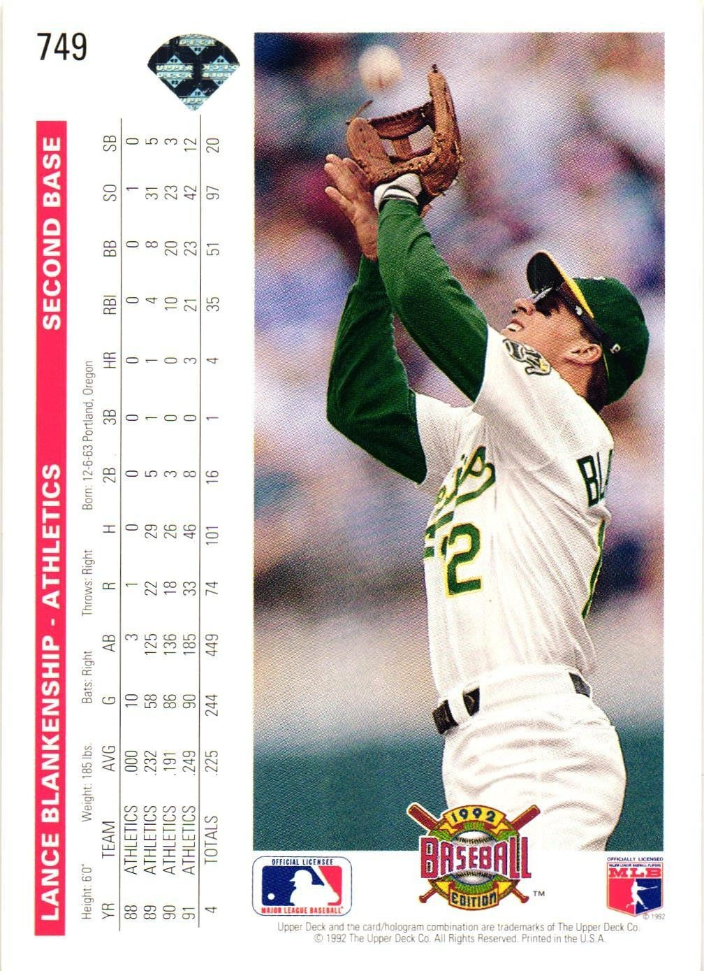 LANCE BLANKENSHIP #749 1992 Upper Deck Signed MLB Baseball Card A’S AUTO