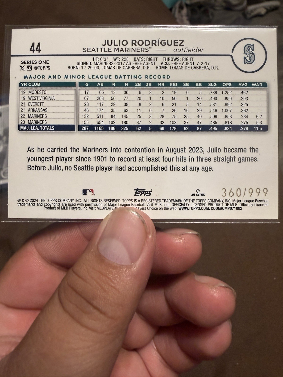 2024 Topps Series 1 – Julio Rodriguez #44 Blue Holofoil /999