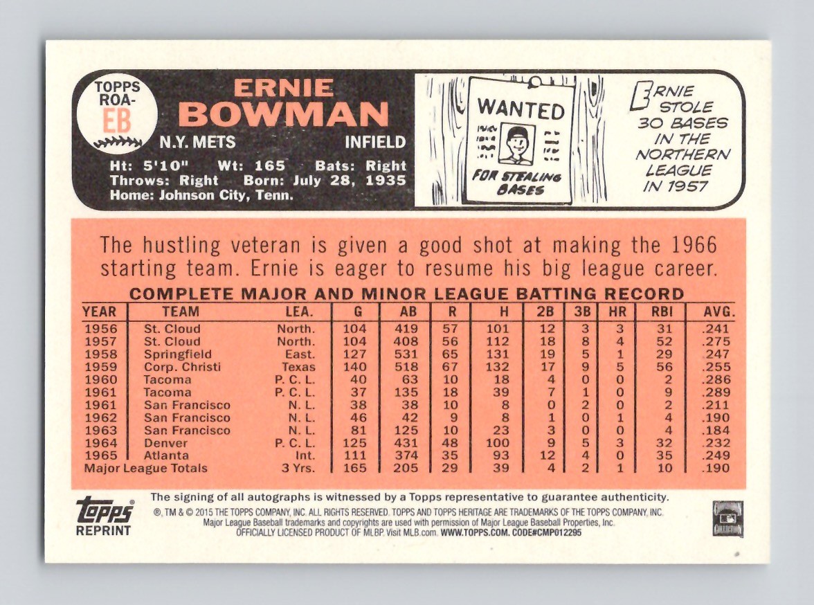 ERNIE BOWMAN 2015 Topps Heritage ROA-EB Real One Red Ink Auto #’d 17/66 – METS