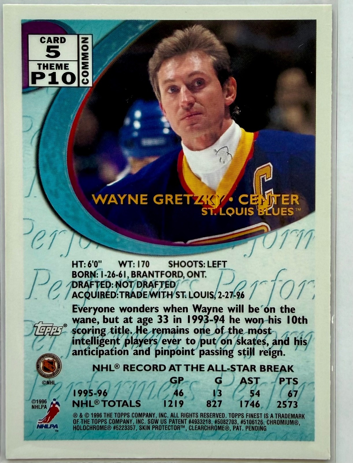 1995-96 Topps Finest #5 Performers With Coating Wayne Gretzky – St. Louis Blues