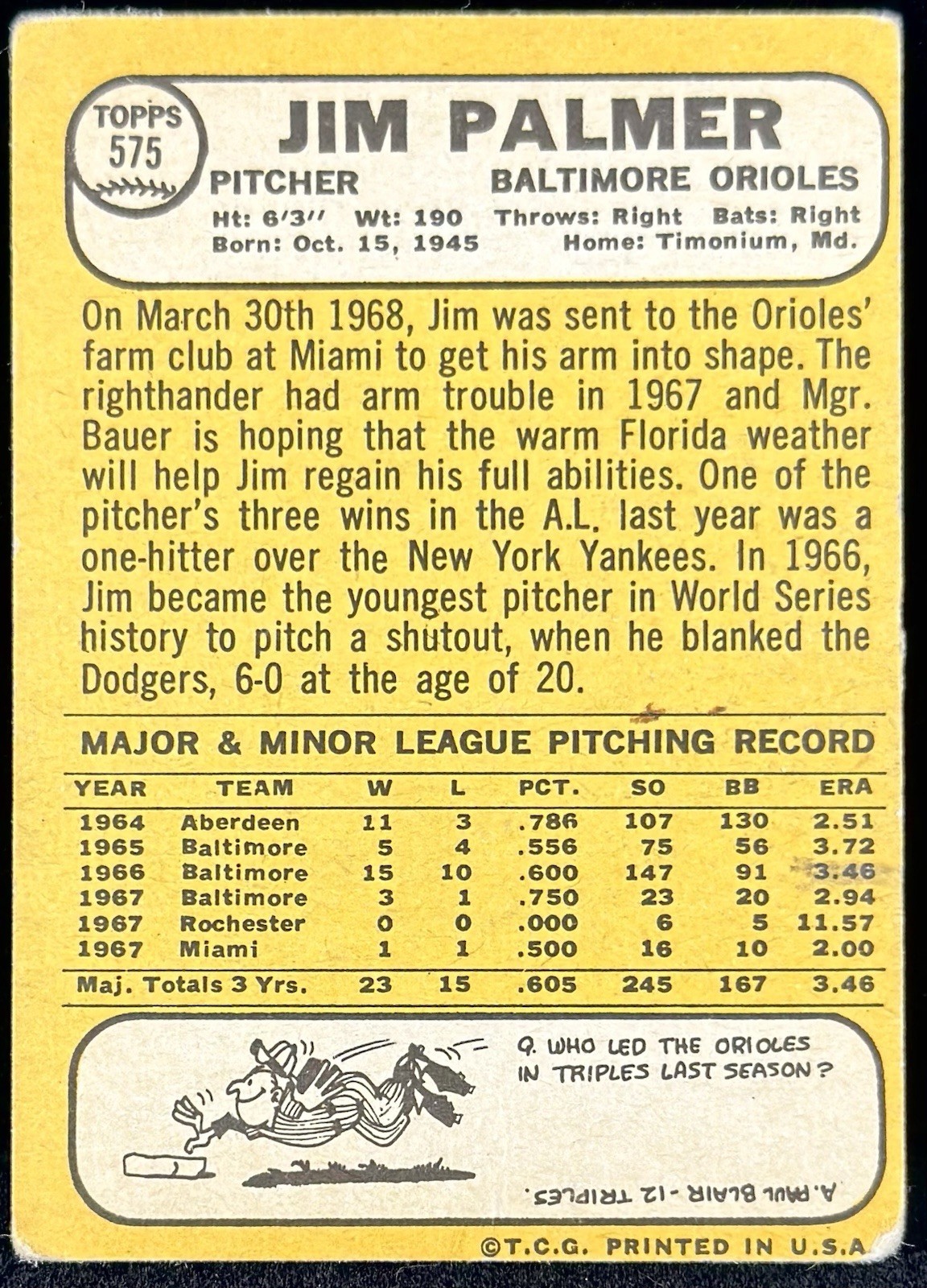 1968 Topps – Jim Palmer #575 Baltimore Orioles