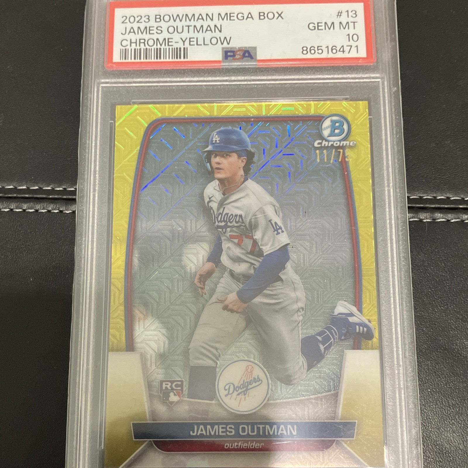 Topps James Outman RC 2023 Bowman Mega Box Chrome Yellow Mojo /75 PSA 10 Dodgers