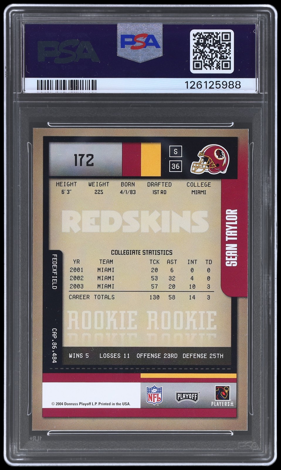 2004 Playoff Contenders Sean Taylor #172 PSA 8 RC /575 Football