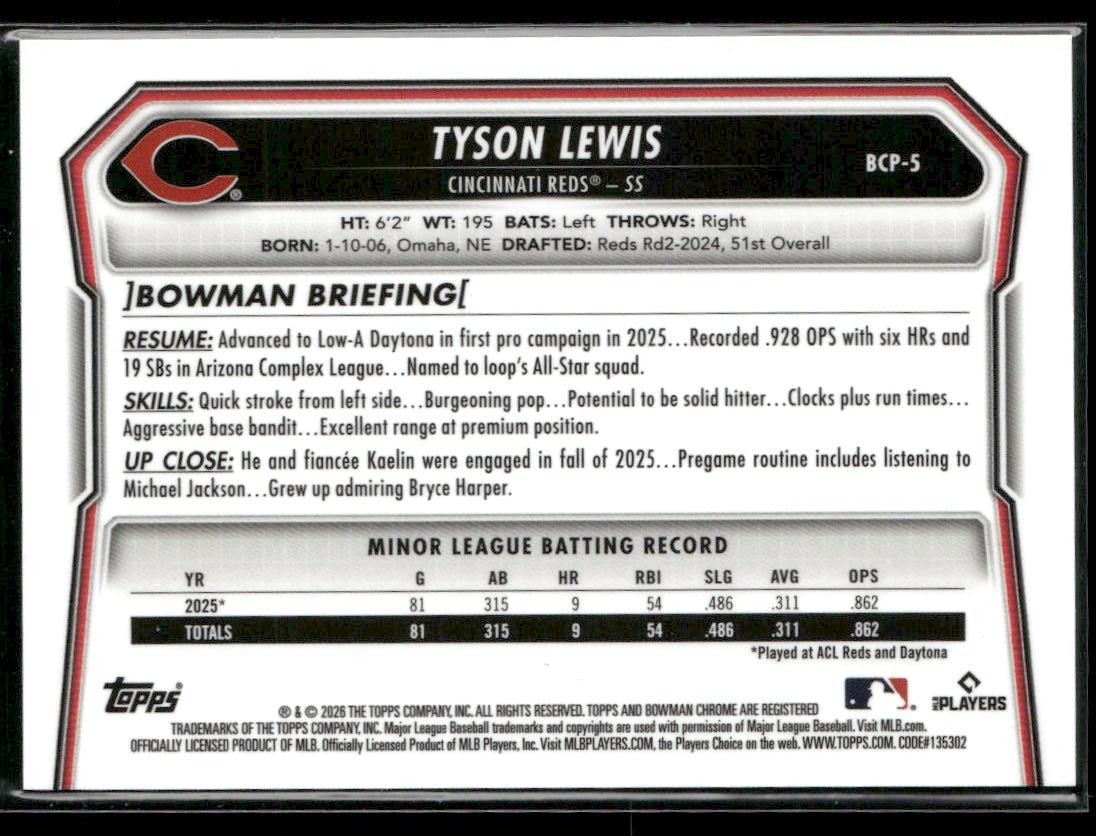 2026 Bowman Chrome Prospects Green Grass Refractor #BCP-5 Tyson Lewis #/99