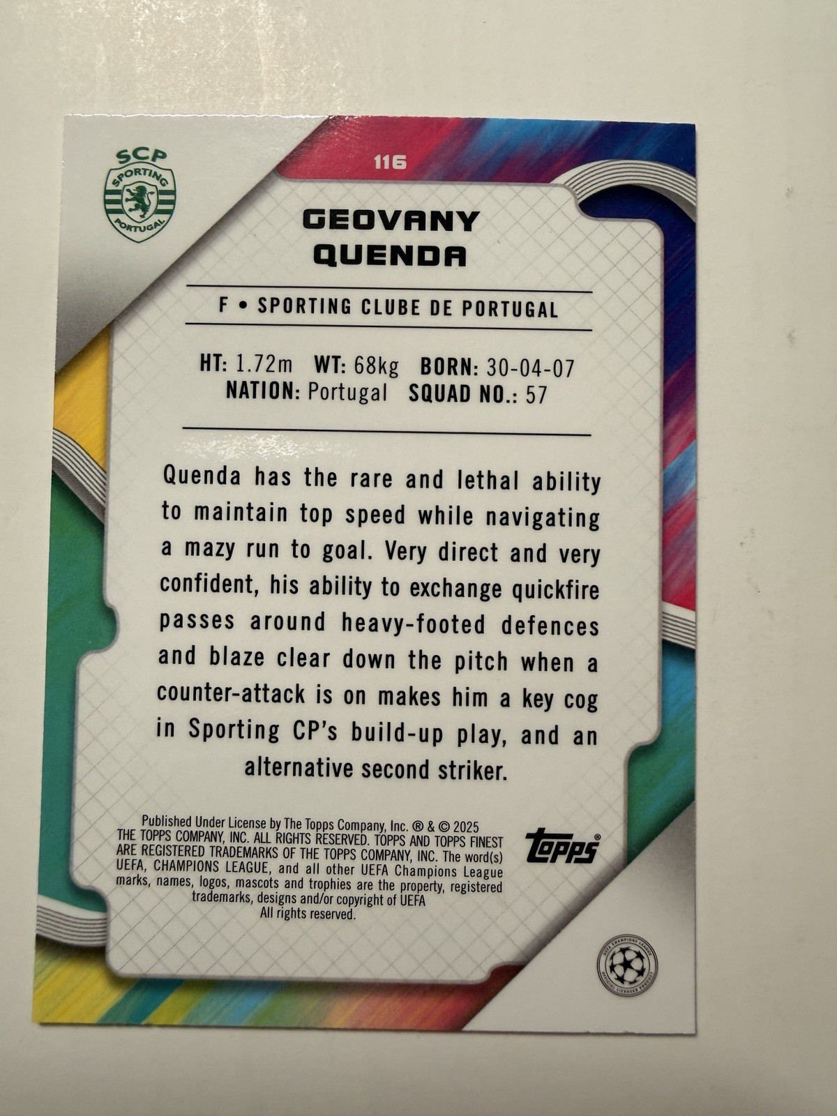 Geovany Quenda 2024-25 Topps Finest UCL – #116 Sky Blue Refractor /275 (RC)