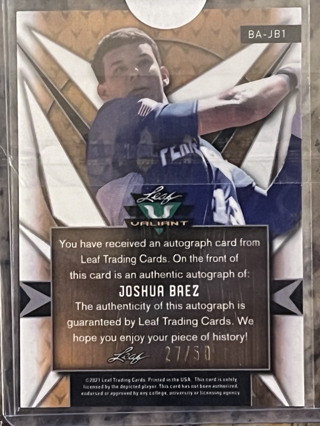 2021 Leaf Valiant – Joshua Baez #BA-JB1 Purple /50 (AU, RC) Autograph Auto