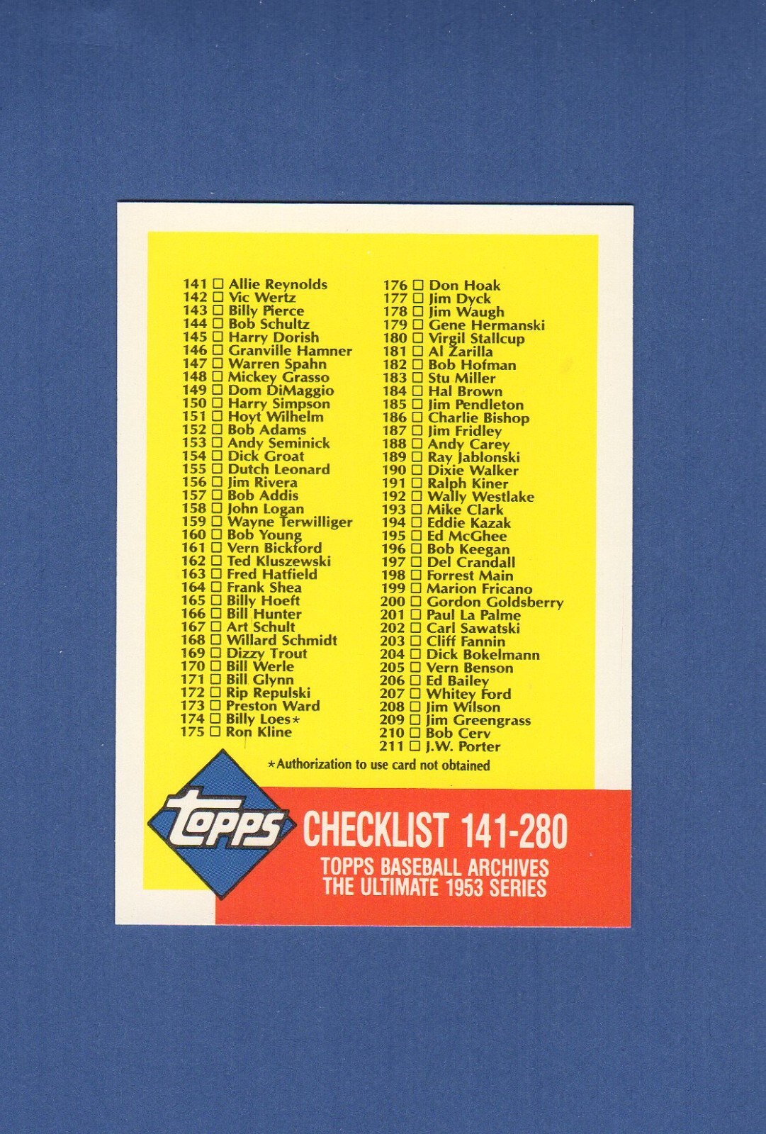 #336 CHECKLIST #141-280 CARD ~ 1953 Topps baseball ~ 1991 OFFICIAL REPRINT