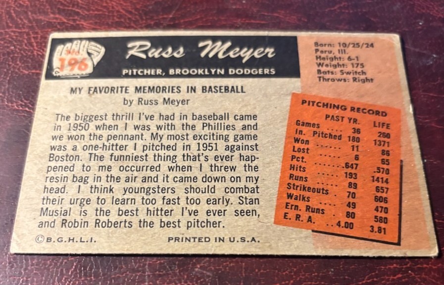 Russ Meyer 1955 Bowman 196 Bklyn Dodgers baseball see description