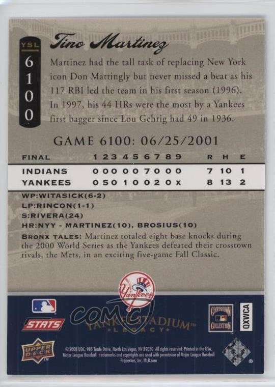 2008 Upper Deck Yankee Stadium Legacy Tino Martinez #YSL6100 bp8