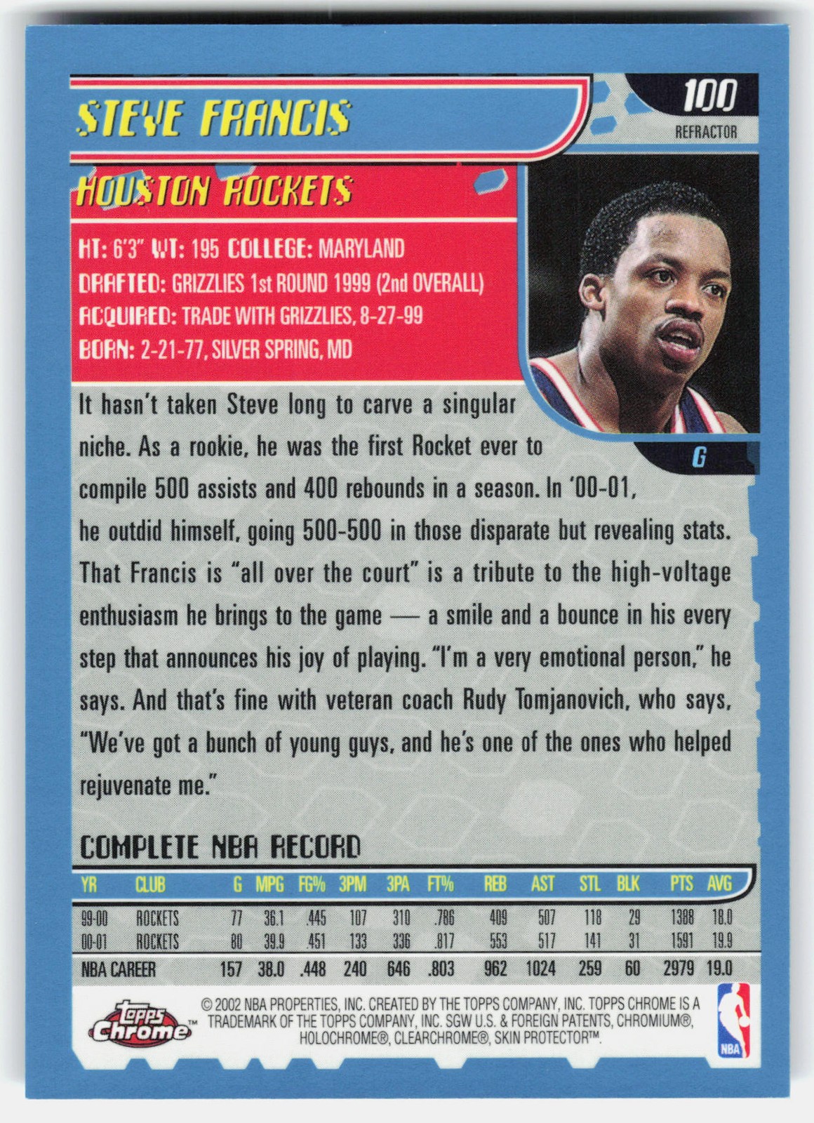 2001-02 Topps Chrome Refractors Steve Francis #100 Houston Rockets