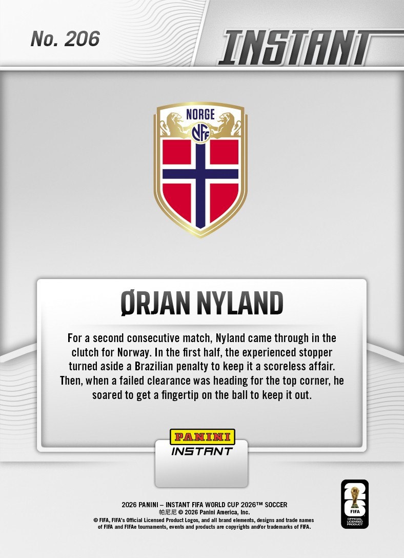 2026 Panini Instant FIFA World Cup #206 Orjan Nyland Norway PRESALE