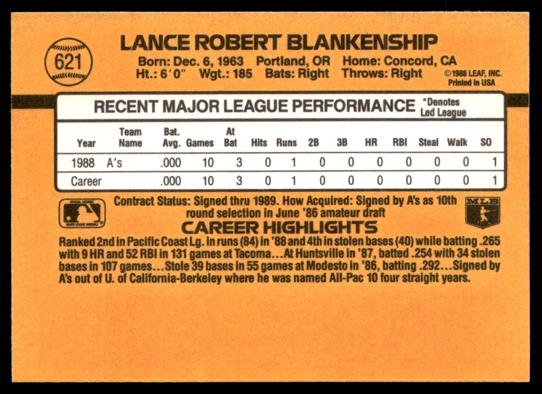 1989 Donruss Lance Blankenship Rookie Oakland Athletics #621
