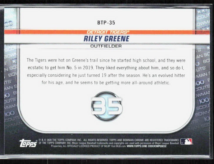 2020 Bowman Chrome RILEY GREENE Refractor Scouts Top 100 BTP-35 Tigers QTY.