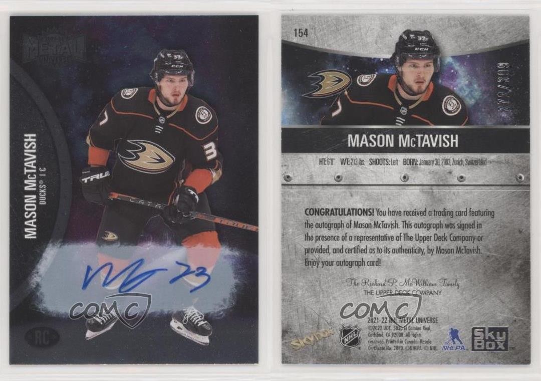 2021 Skybox Metal Universe Rookies Silver /399 Mason McTavish Rookie Auto RC gv6