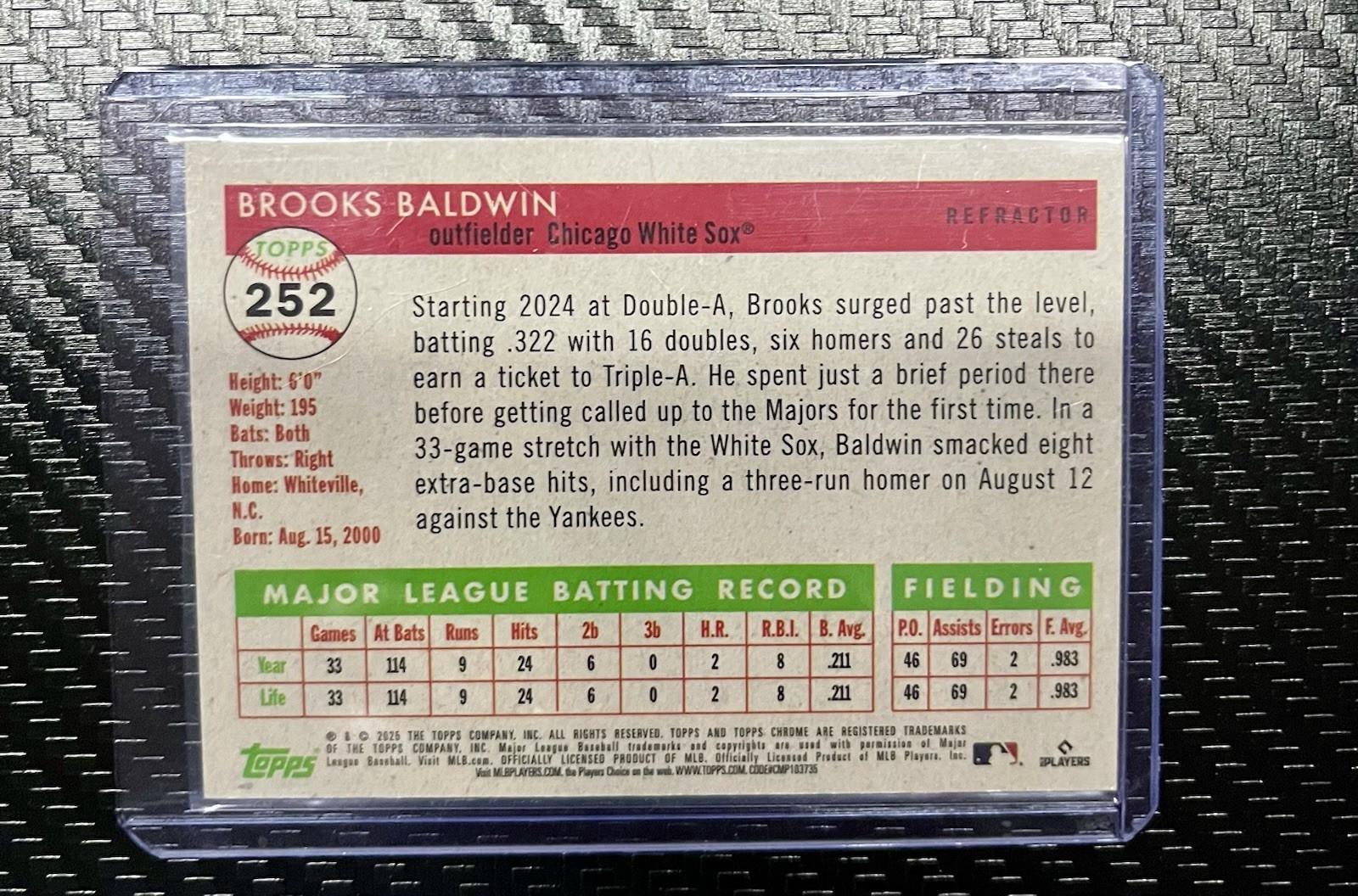 Topps Chrome Platinum Refractor – Brooks Baldwin #252 Chicago White Sox (RC)