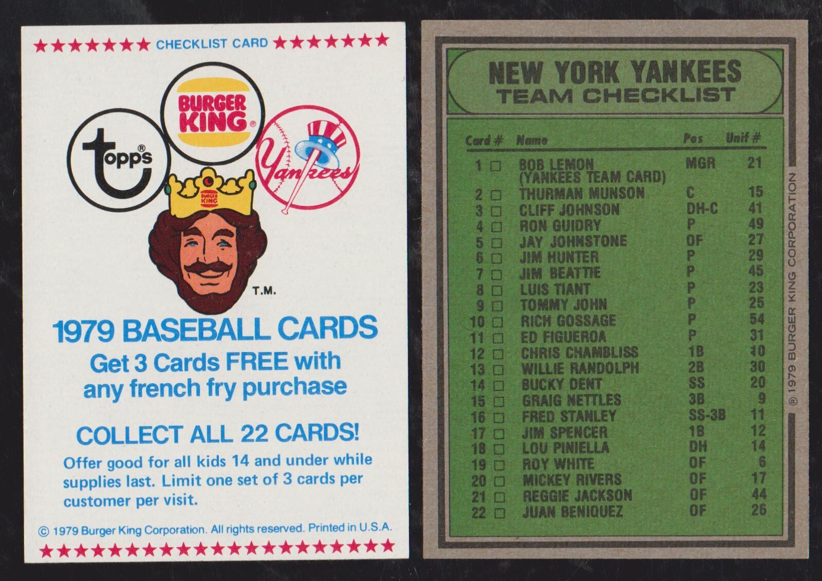 1979 TOPPS BURGER KING YANKEES TEAM CHECKLIST NMMT ** FREE SHIPPING **