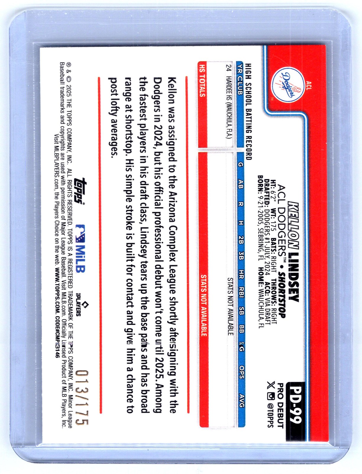2025 Topps Pro Debut #PD-99 Kellon Lindsey Sparkle Foil #/175