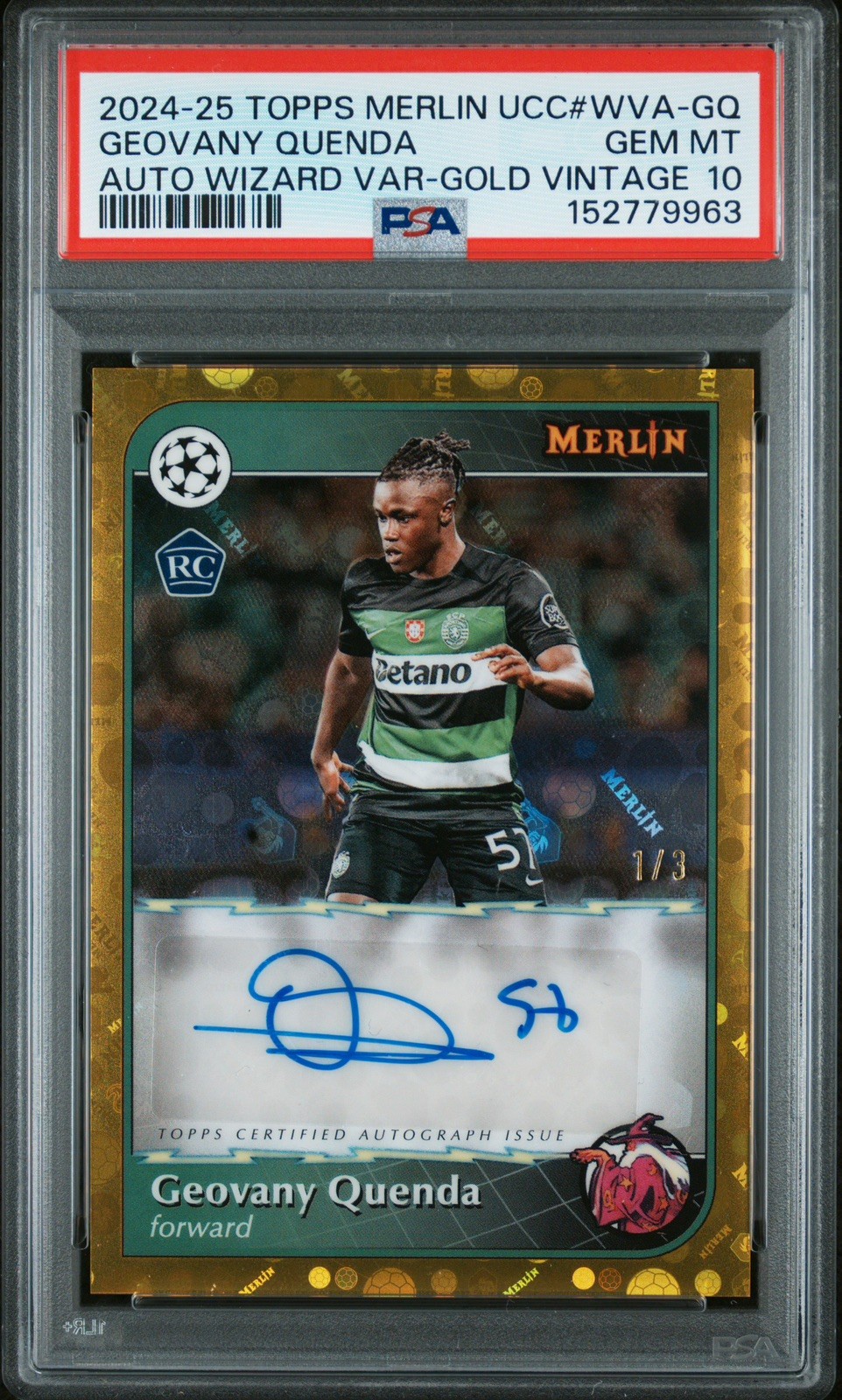 2024 Topps Merlin Geovany Quenda Rookie Auto Gold Vintage /3 Wizard Variation