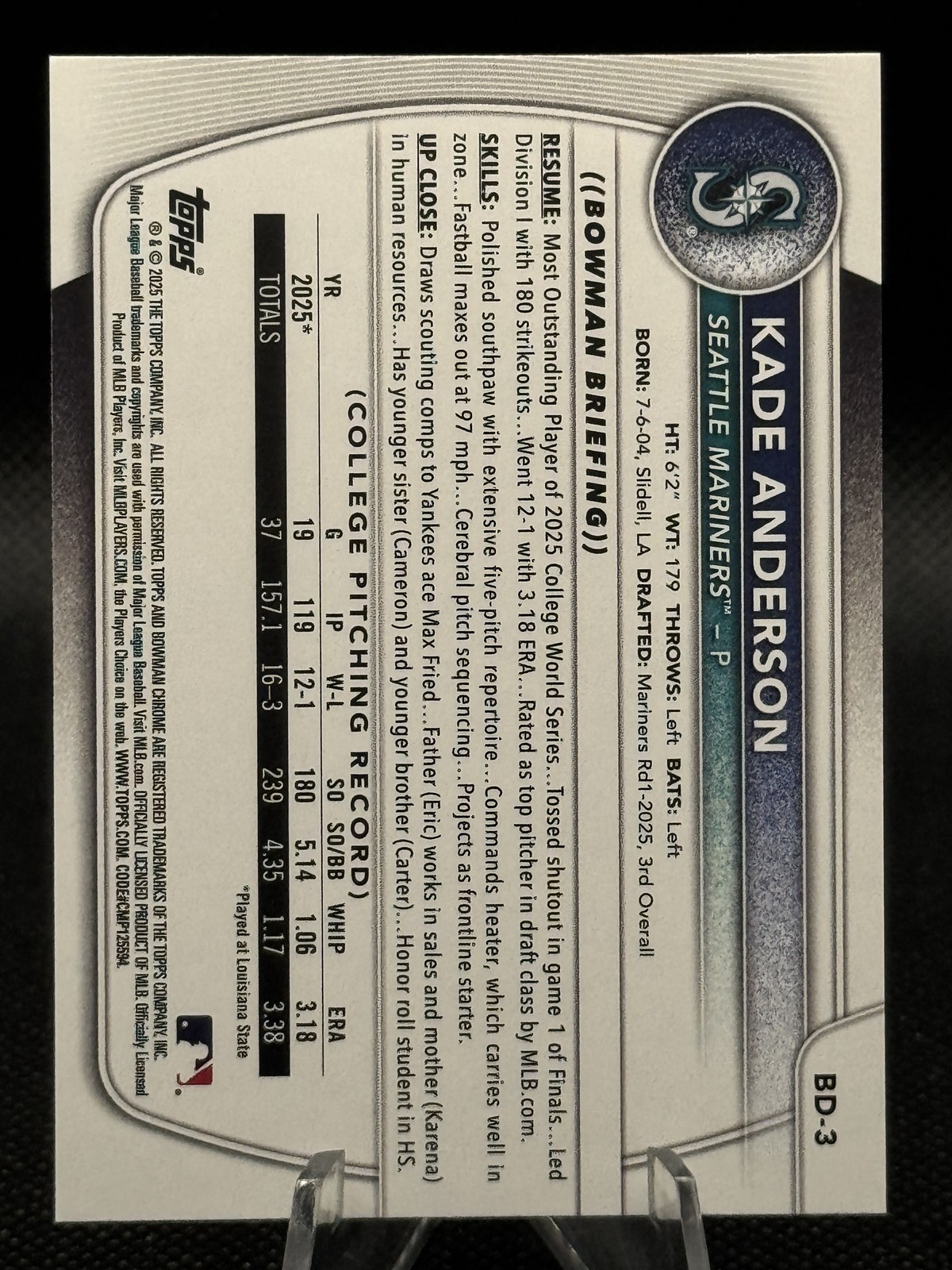 2025 Bowman Draft BD-3 Kade Anderson Seattle Mariners 1st Bowman